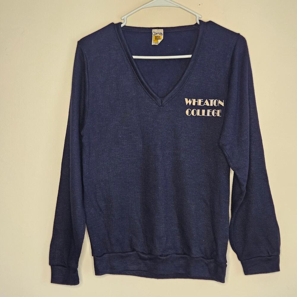 Vintage 80's Velva Sheen Wheaton College V-Neck Sweater, Navy Blue, Sz S
